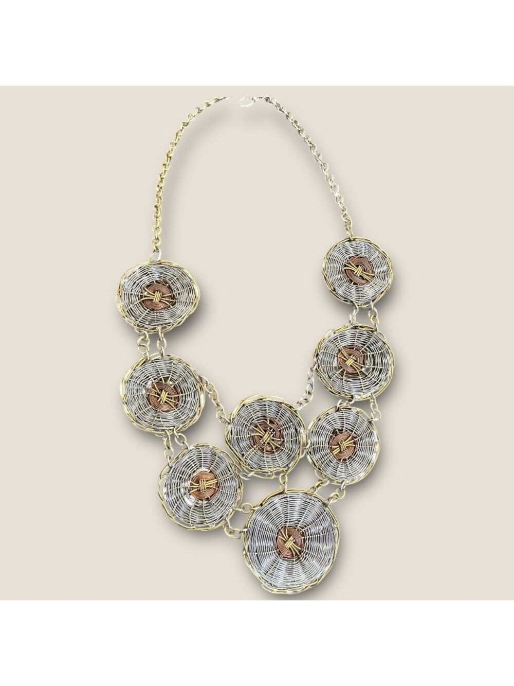 Wire Woven Disc Statement Bib Necklace 20 Inches Adjustable Chain Gold & Silver